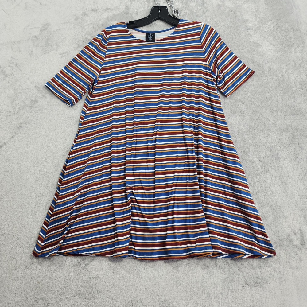 NEW Agnes & Dora Top Womens S Blue Red Striped Swing Tunic Short Sleeve Stretch